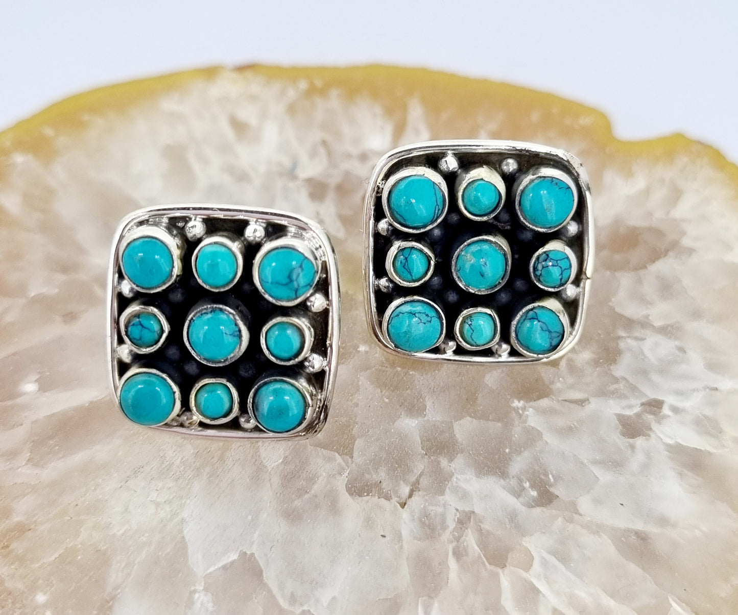 Universal Turquoise Is Said To Bring You Good Luck. 9 (Symbol Of Enlightenment) Sacred Gems Are Uniquely Placed In These Little Ripper 925 Sterling Silver Studs.