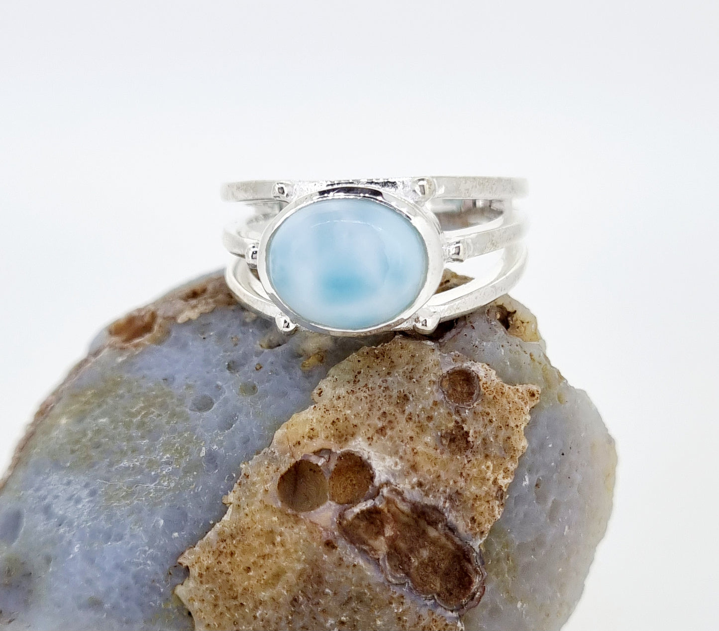 Our larimar ring with three strands of sterling silver is elegant and sophisticated!