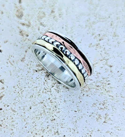 Three-Tone Spinning Calming Ring – Sterling Silver with Rose Gold and Gold Accents