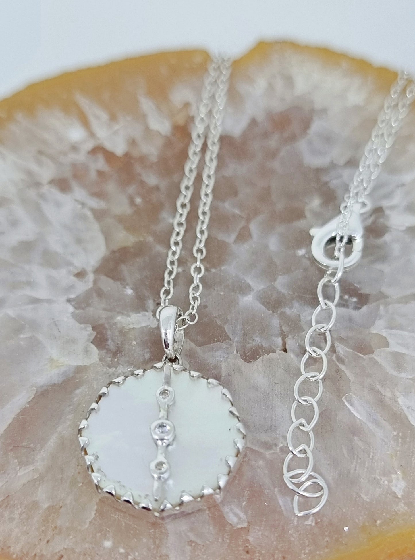 'Lustre' Iridescent Mother Of Pearl Circle Drop Paired With Crisp White Zircs In Sterling Silver Necklace
