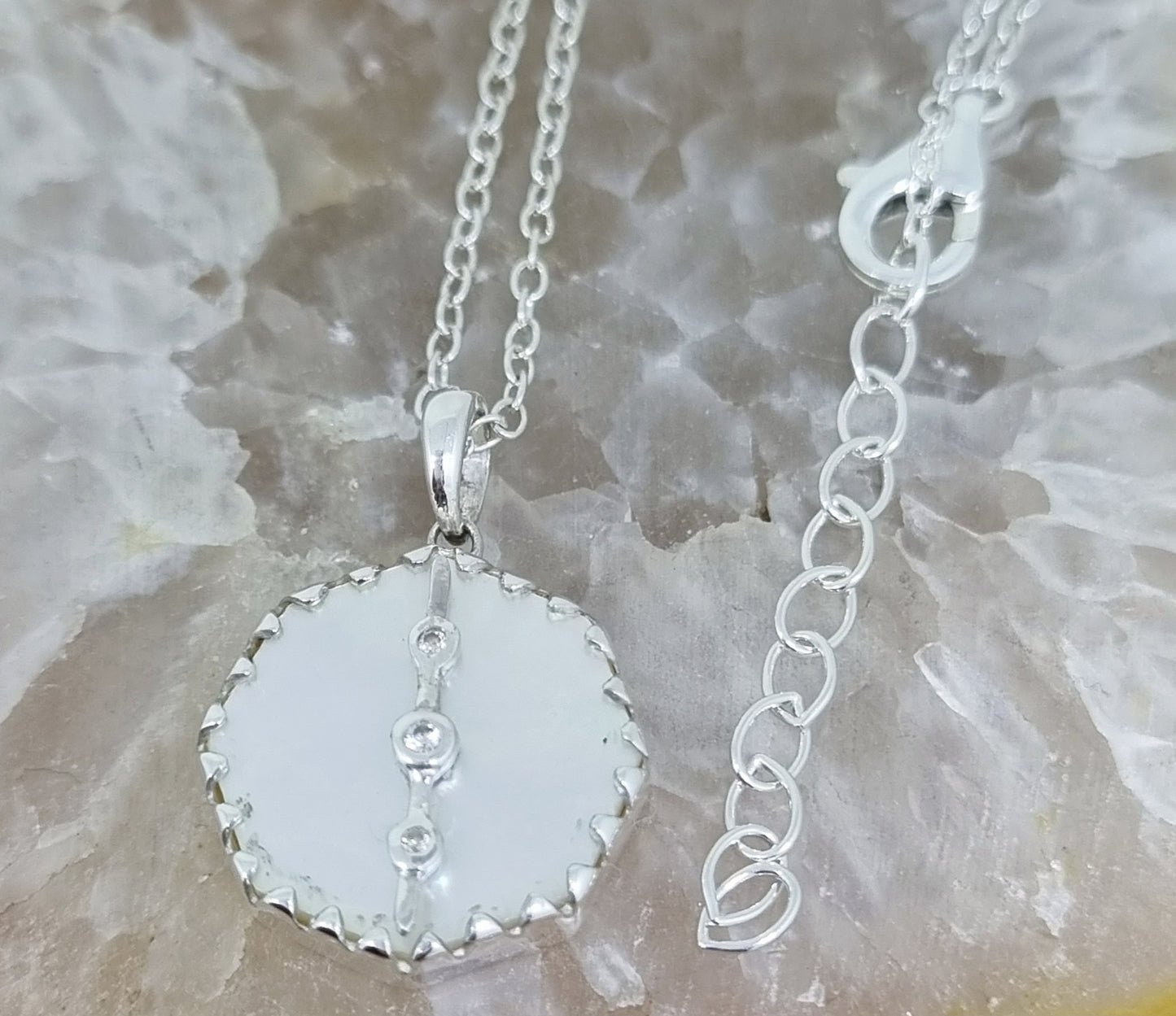 Mother Of Pearl Circle Drop Paired With Crisp White Zircs In Sterling Silver Necklace